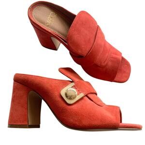Franco Sarto Rosalie Women's Red Suede and Leather Block Heel Mules Size 6